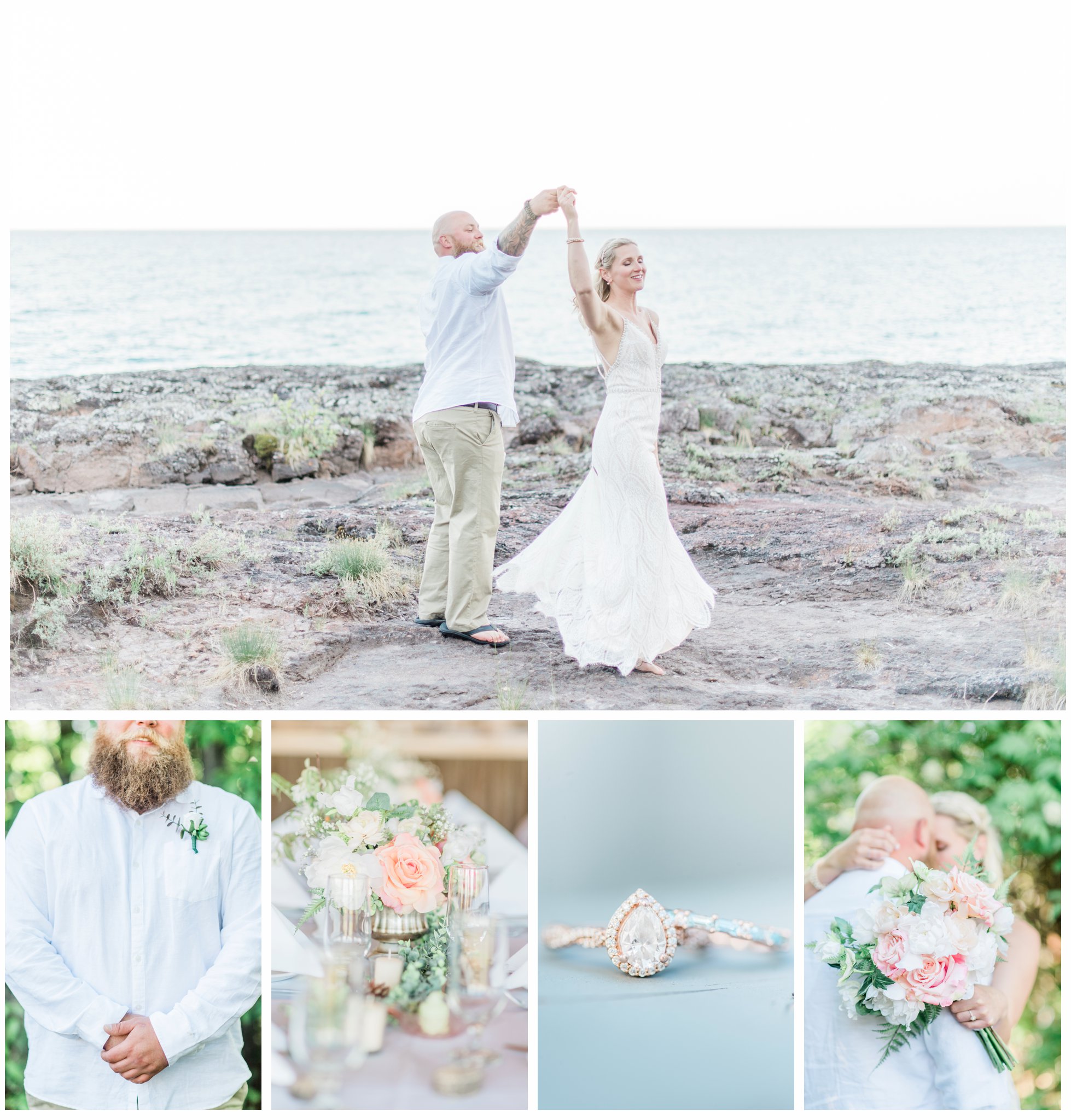 Collage from a summer Bluefin Bay Wedding. Includes bride and groom as well as their details: Ring, bouquet, and boutonnière. Photo by Kayla Lee.