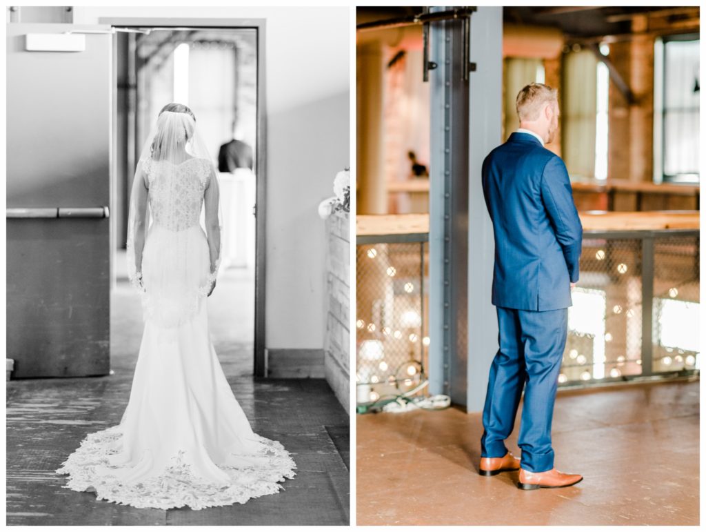 The first look. A summer wedding at Clyde Iron Works in Duluth, Minnesota. Photo by Kayla Lee.