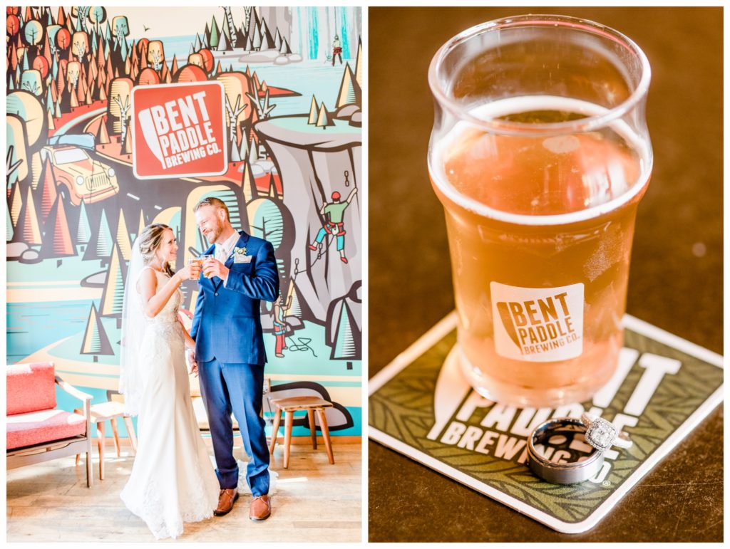 Wedding portraits at Bent Paddle Brewing. Summer wedding at Clyde Iron Works in Duluth, Minnesota. Photo by Kayla Lee.