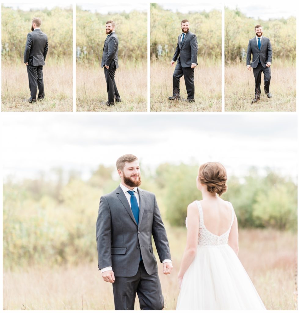 An outdoors first look from a fall wedding in Bemidji, Minnesota. Photo by Kayla Lee.