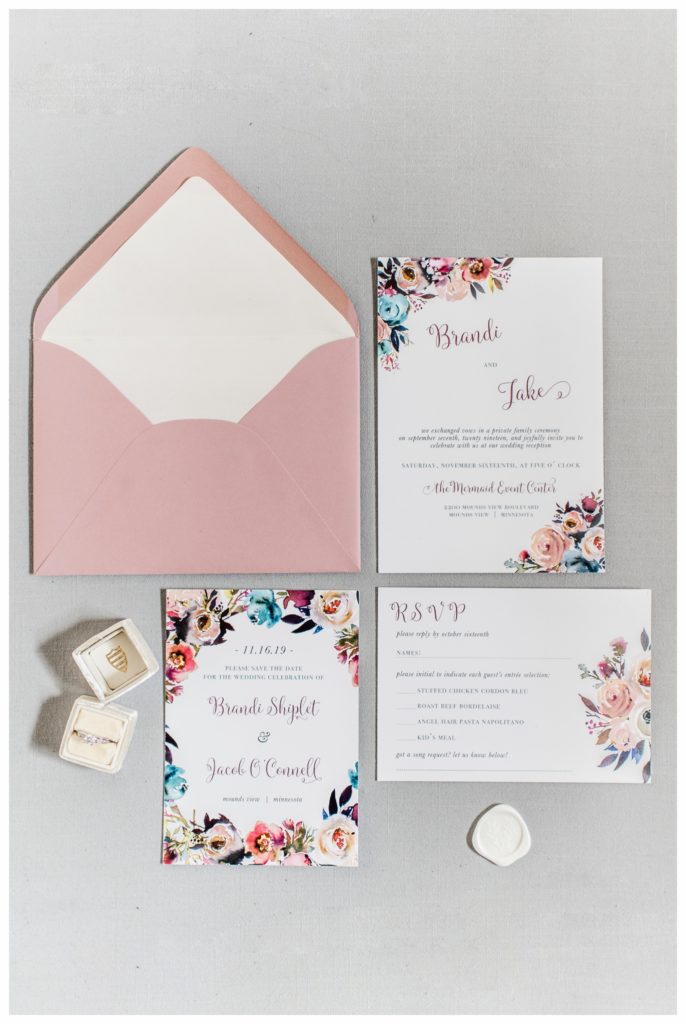 Beautiful dusty rose and watercolor invitations, designed by Copper & Carbon. Photo by Kayla Lee.
