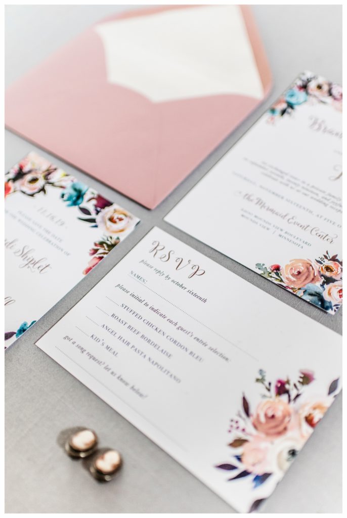 Beautiful dusty rose and watercolor invitations, designed by Copper & Carbon. Photo by Kayla Lee.