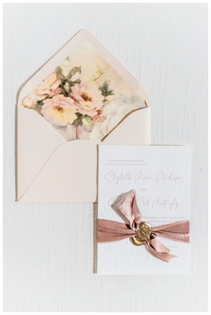 Beautiful dusty rose and letterpress invitations, designed by Copper & Carbon. Photo by Kayla Lee.