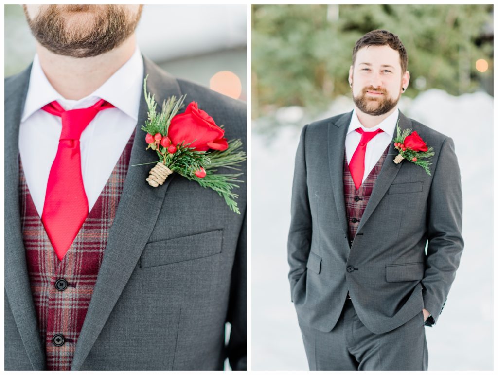 A red and green Christmas-inspired winter elopement at Gunflint Lodge. Boutonnières by a friend. Photography by Kayla Lee.