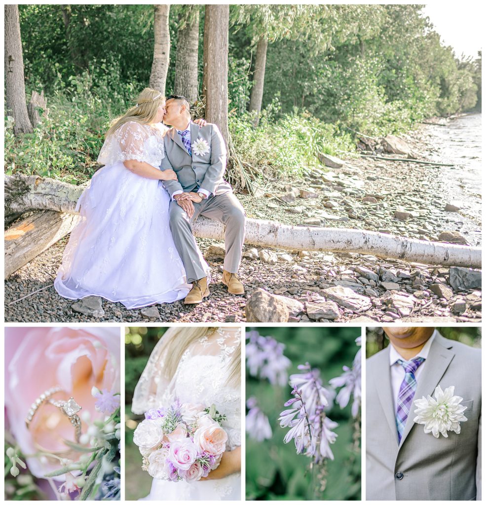 Gunflint Lodge summer elopement with purple and gray colors. Photo by Kayla Lee.
