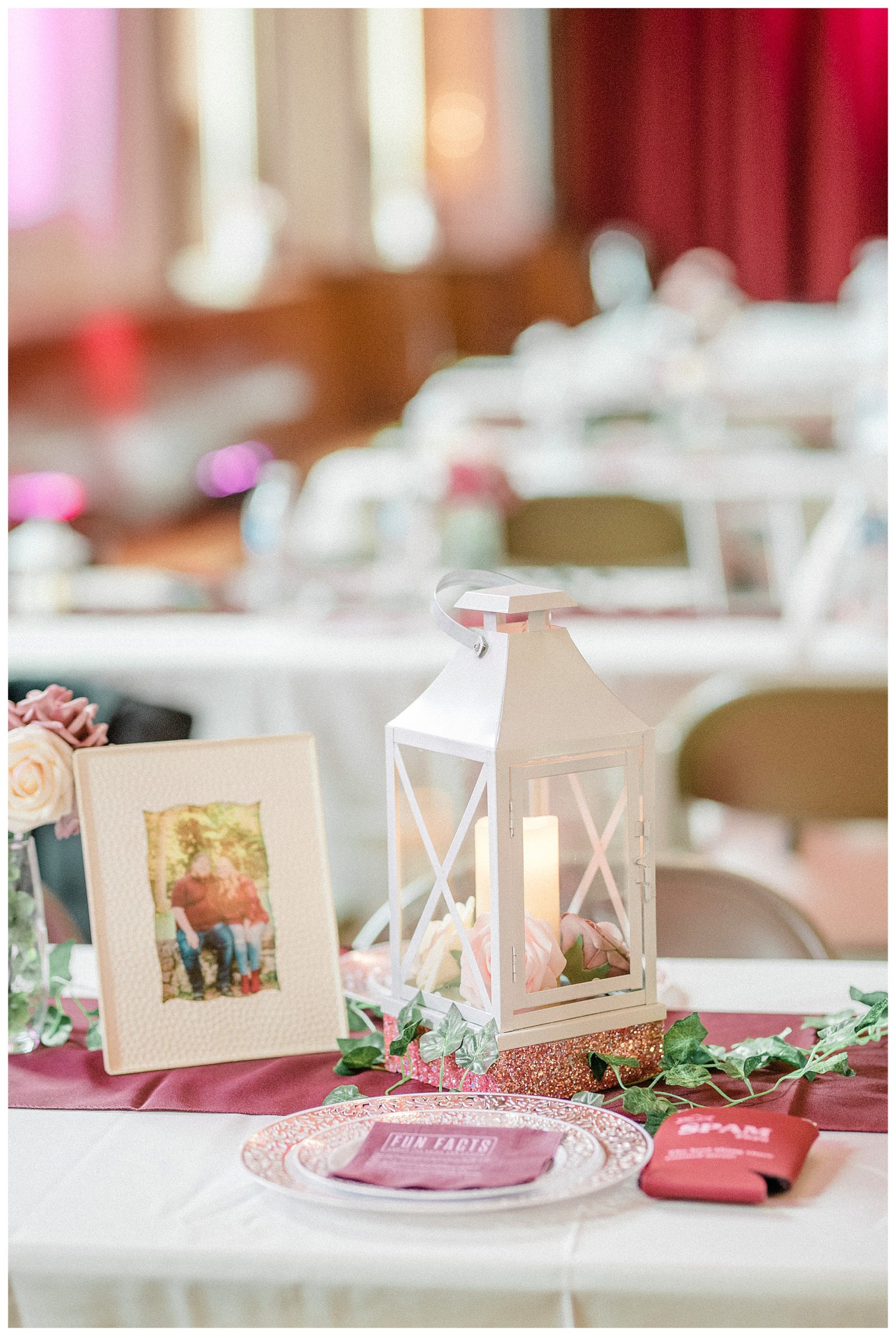 Burgundy and pink wedding reception at PNA Hall in Minneapolis.
