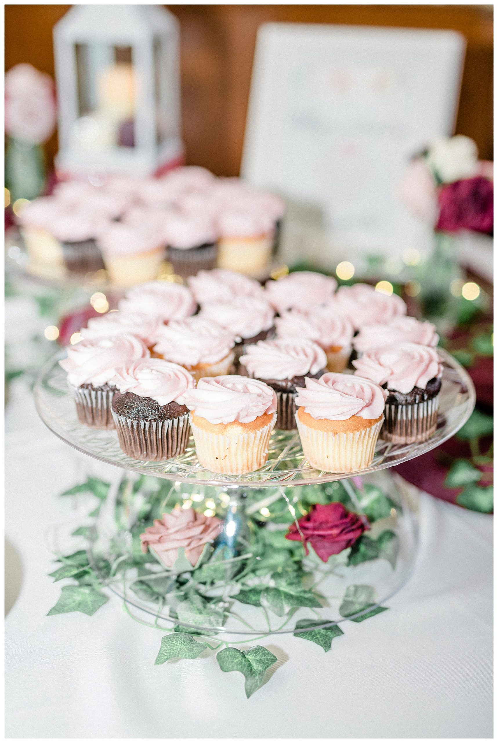 Burgundy and pink wedding reception at PNA Hall in Minneapolis. This one has cupcakes.