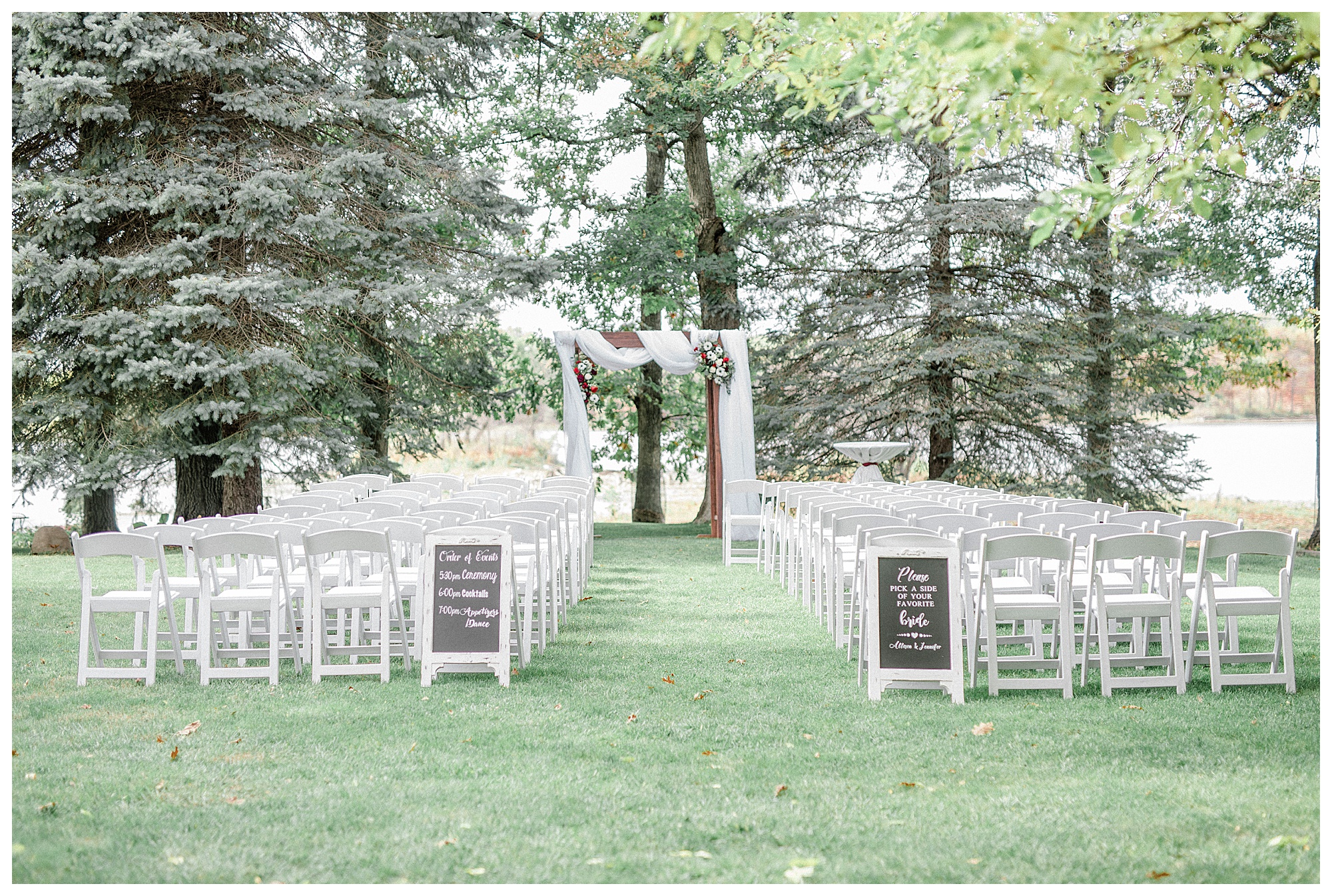 Ceremony space at a Minneapolis fall lakeside wedding. Photo by Kayla Lee.