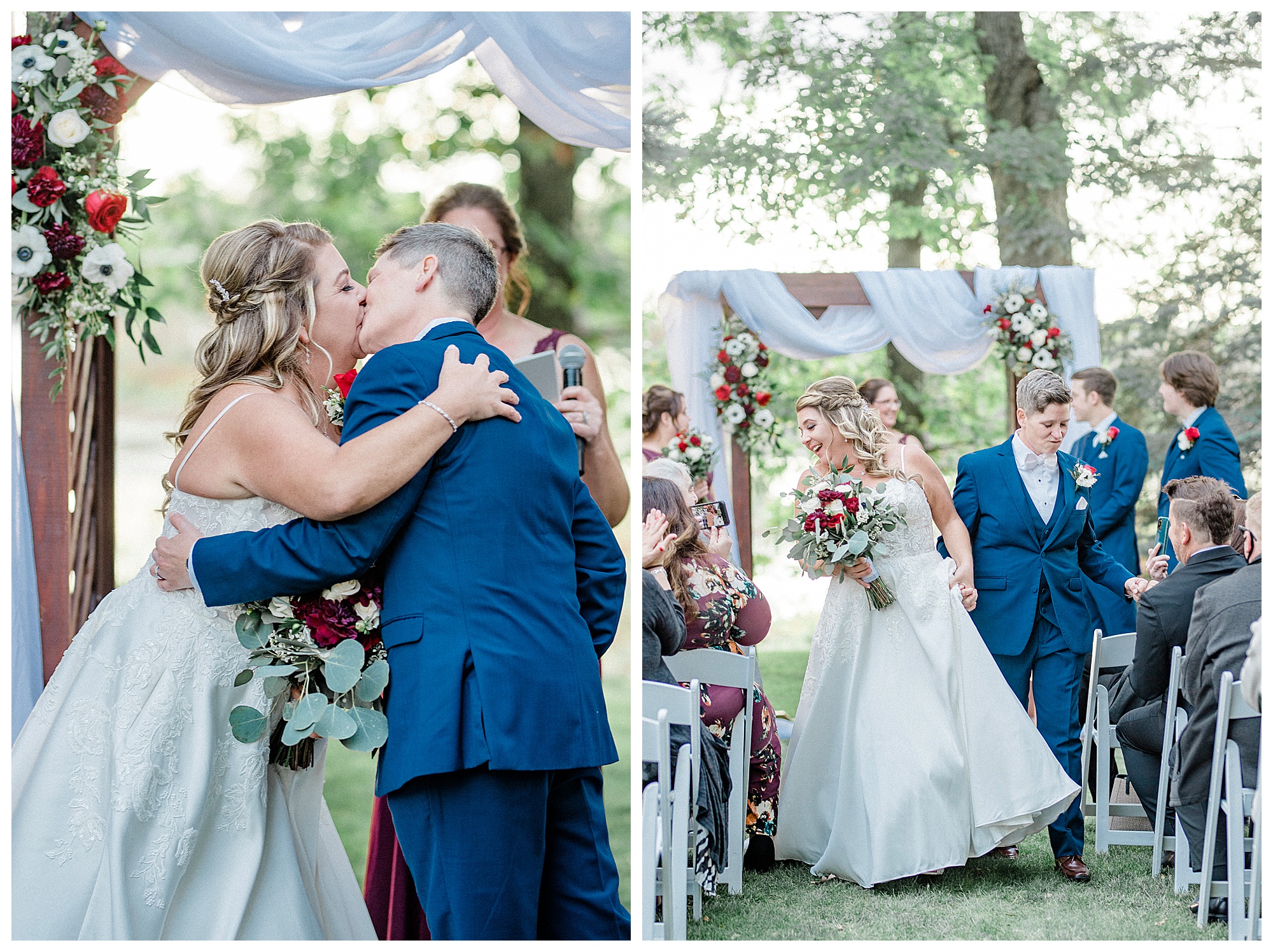 First kiss at a Minneapolis fall lakeside wedding. Photo by Kayla Lee.