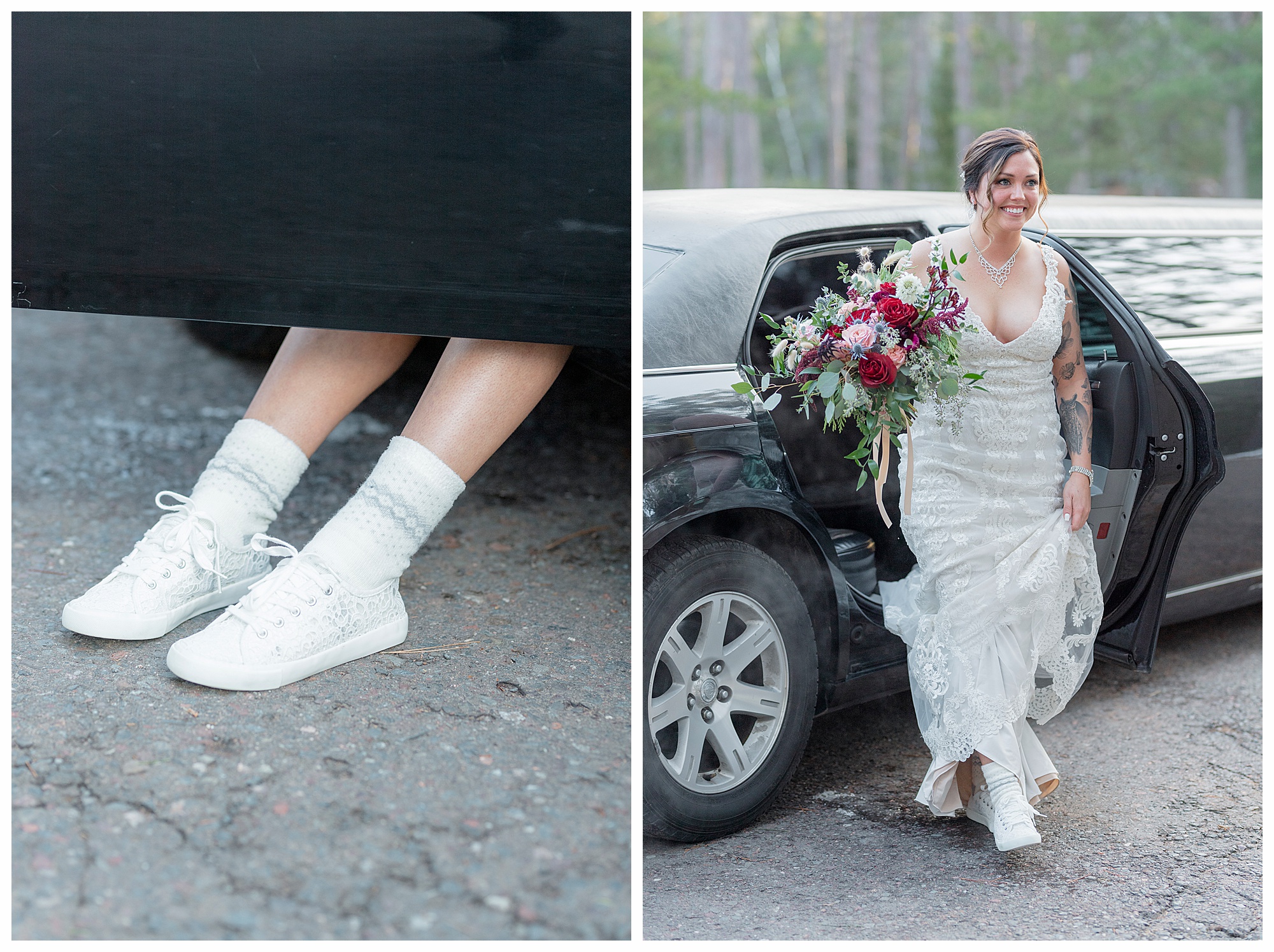 Bride getting out of a limo at a navy and maroon/burgundy state park fall elopement.She's wearing fun sneakers with socks. Photo by Kayla Lee.