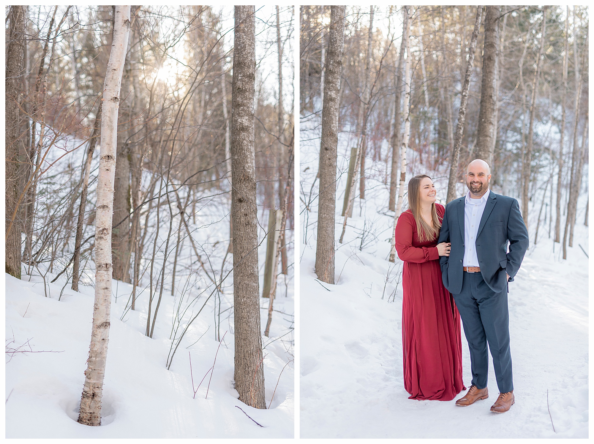 Maroon dress and navy suit at a Chester Bowl Engagement in Duluth, Minnesota. Photography by Kayla Lee.