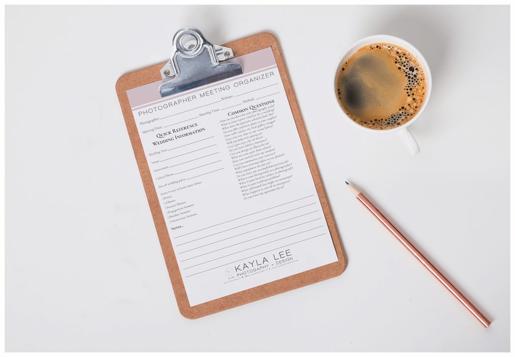 Clipboard and cup of coffee linking to the KLP Photographer Organizer free PDF that helps ask questions for photographers! 