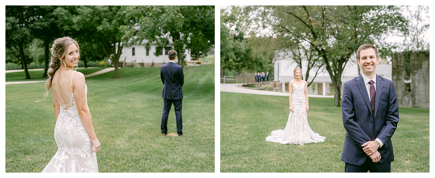 A bride and groom's first look at a Mayowood Stone Barn Wedding. Photo by Kayla Lee.