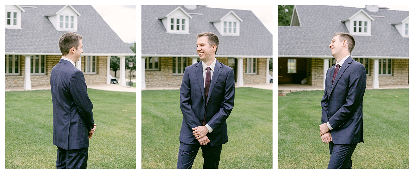 A bride and groom's first look at a Mayowood Stone Barn Wedding. Photo by Kayla Lee.