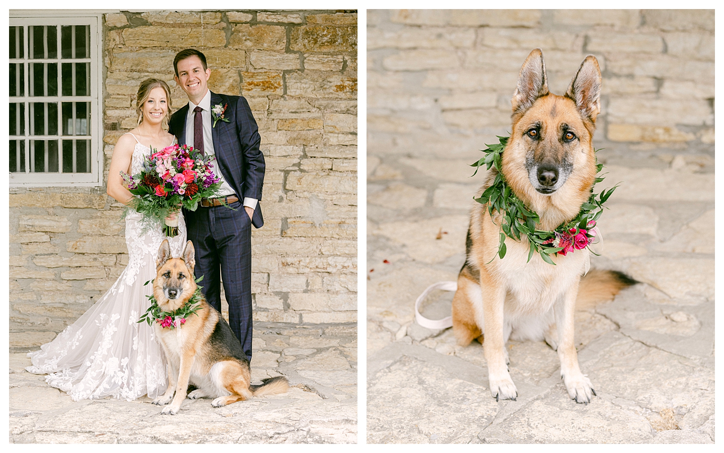 A bride and groom's portrait with their dog at a Mayowood Stone Barn Wedding. Photo by Kayla Lee.