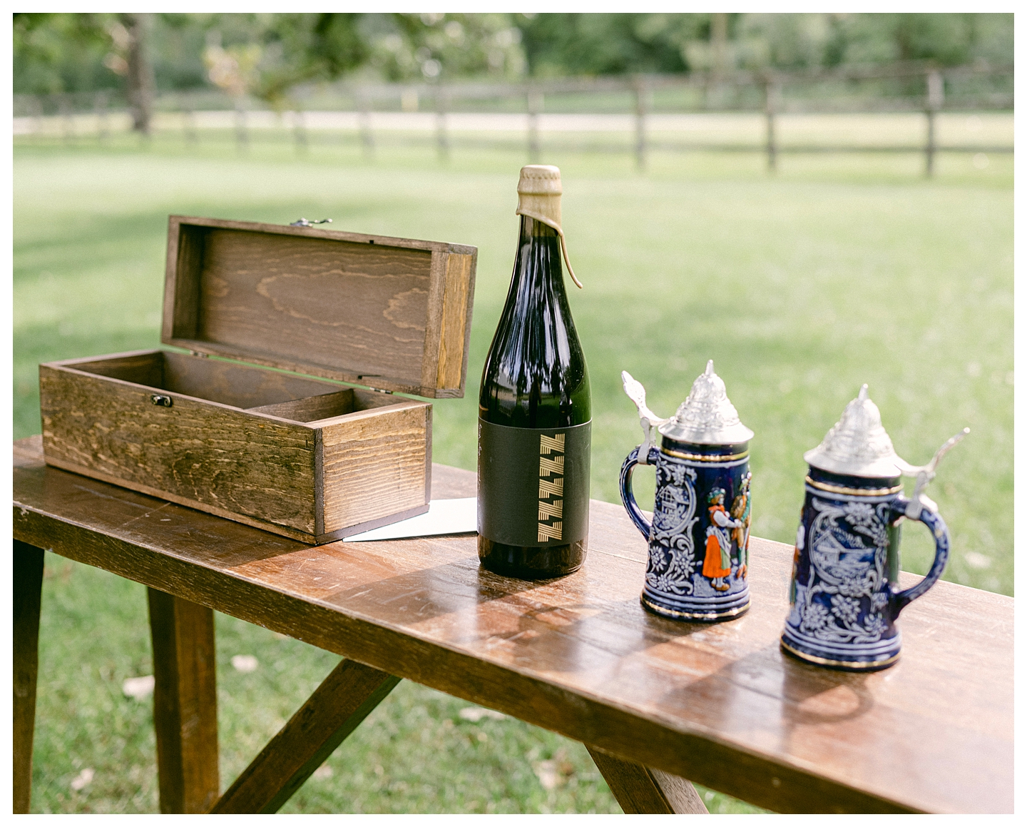 The couple's beer unity ceremony at a Mayowood Stone Barn Wedding. Photo by Kayla Lee.