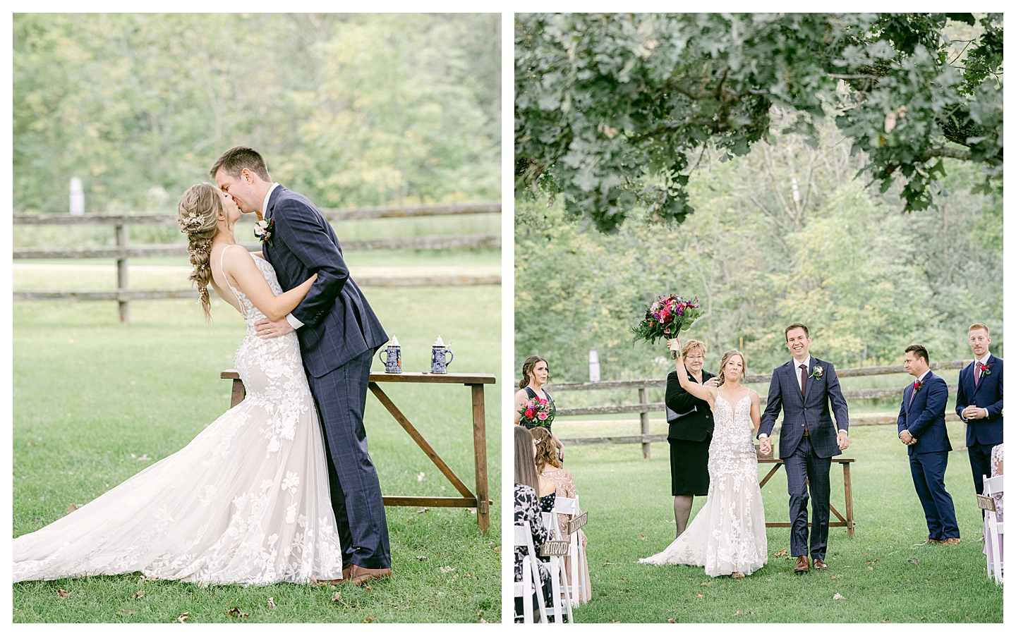 A couples' first kiss at a Mayowood Stone Barn Wedding. Photo by Kayla Lee.