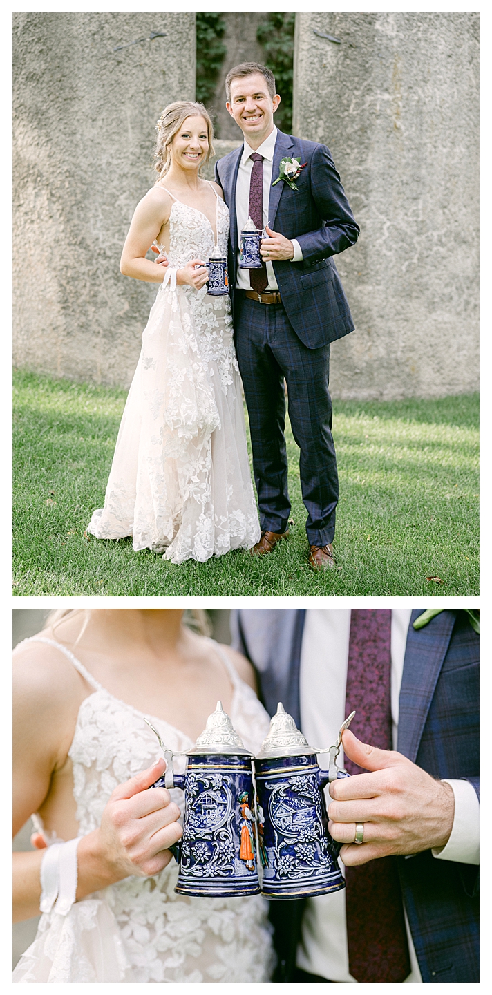 A bride and groom's portrait holding beer steins at a Mayowood Stone Barn Wedding. Photo by Kayla Lee.